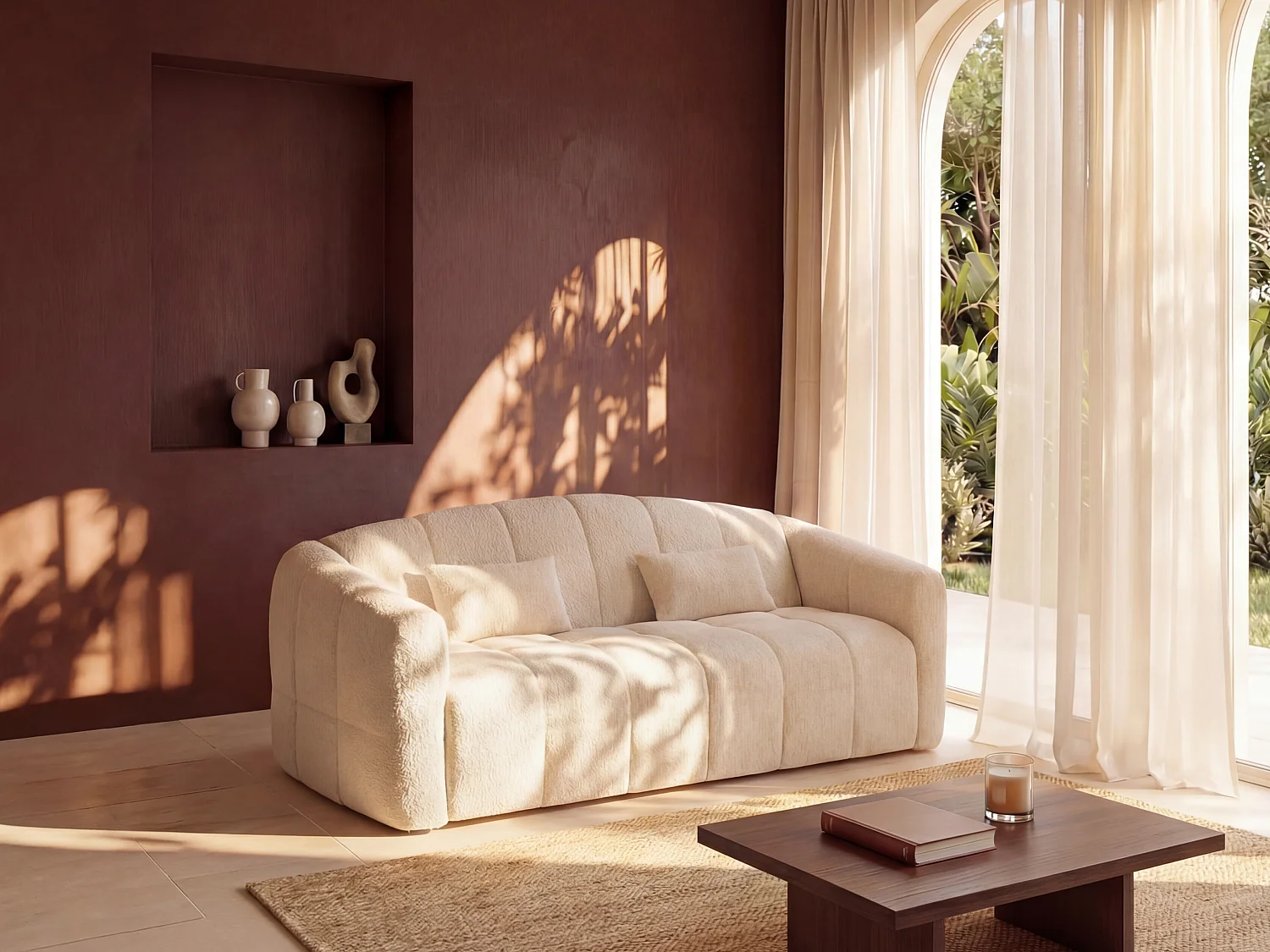 3-personers sovesofa i beige bouclé stof 140 cm soveplads 13 cm madras RETUNA